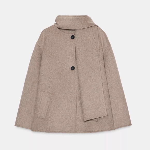 ZARA Wool Blend Jacket with Detachable Scarf Camel Size Small - Picture 2 of 5